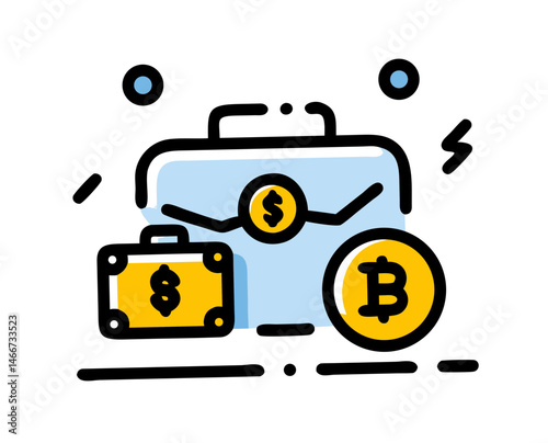 Briefcase with Cryptocurrency and Currency Symbols in a Graphic Style  