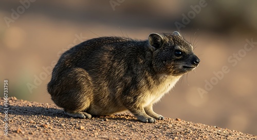 Rock Hyrax Staring Sideways on Sandy Ground in Golden Light