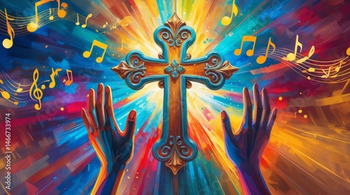 Hands reaching for a colorful cross with musical notes in the background.
