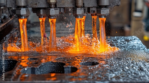 Close-up of injection molding hot runner system channeling molten plastic into multiple mold cavities evenly