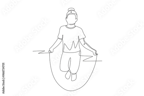Girls play jumping rope. Kid jumps rope concept one-line drawing