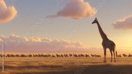 Elevated giraffe above herd of antelopes on dry African savannah, long shadows stretching beneath pastel sunrise skies and scattered trees