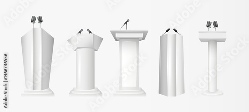 White Podium Tribune Rostrum Stands with Microphones. Podium tribune with microphones isolated for business presentation, conference. Vector