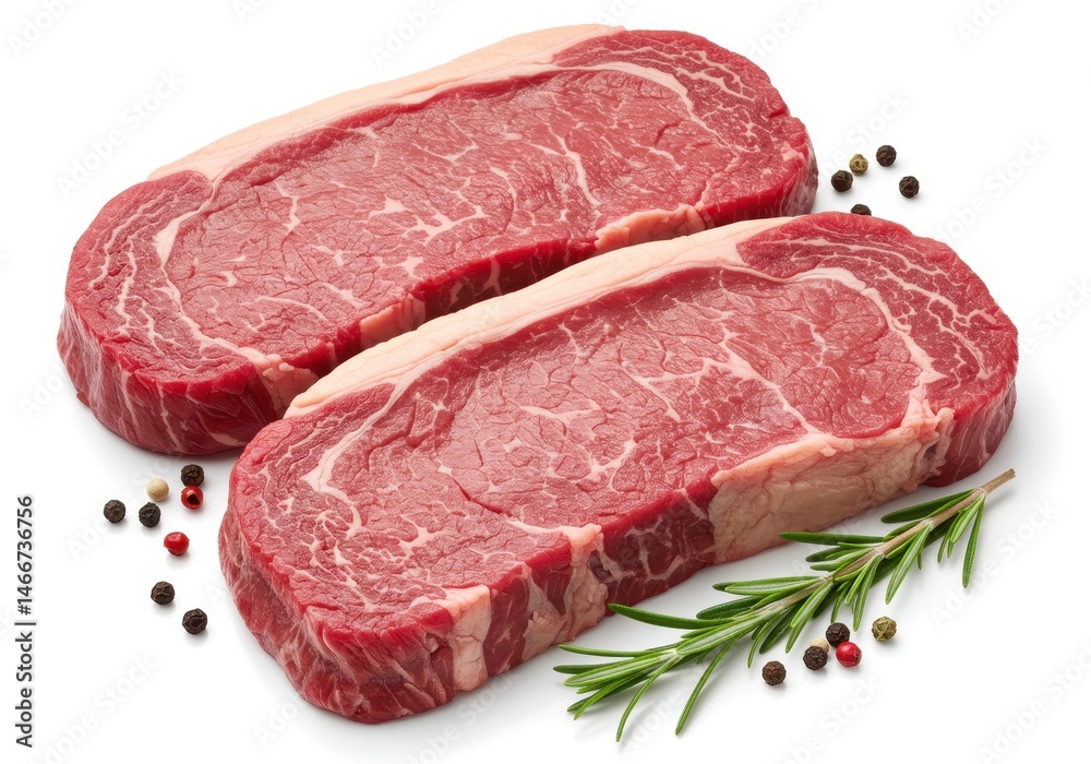 Two raw ribeye steaks with rosemary and peppercorns on a white background Two raw ribeye steaks with rosemary and peppercorns on a white background