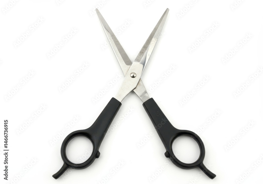 Open scissors with black handles on a white background Open scissors with black handles on a white background