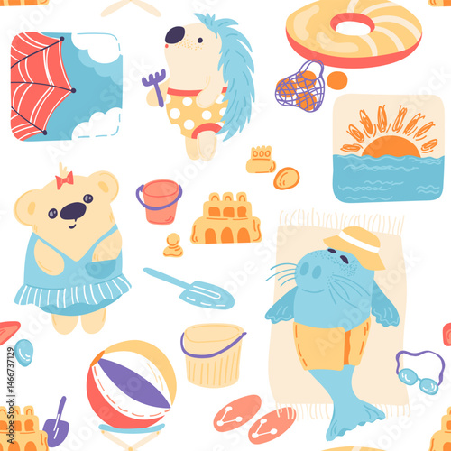 Summer vector print. Adorable animals relaxing on the beach. Hedgehog, bear, seal seamless pattern. Cute hand drawn illustration.