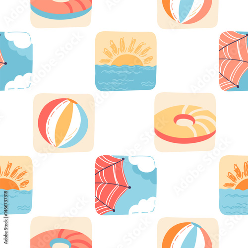 Beach bright umbrellas, ball, swimming ring in a simple style. Seamless vector summer pattern.