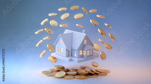 Mortgage demand forecast concept. House surrounded by floating coins, symbolizing wealth and investment in real estate.