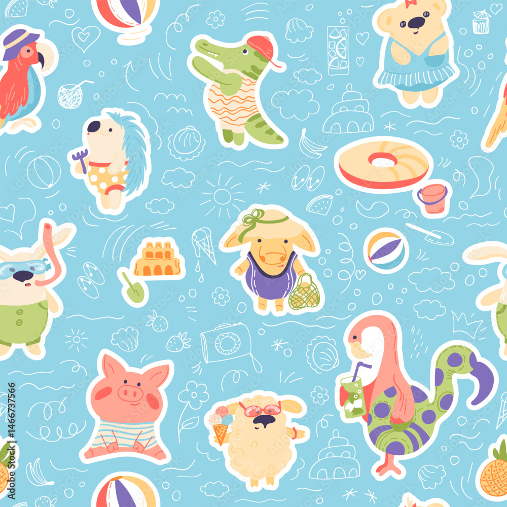 Naklejka premium Summer seamless pattern. Adorable animals relaxing on the beach. Cute hand drawn illustration. Bear, flamingo, rabbit, parrot, seal, sheep, pig, croco, cow funny vector characters.
