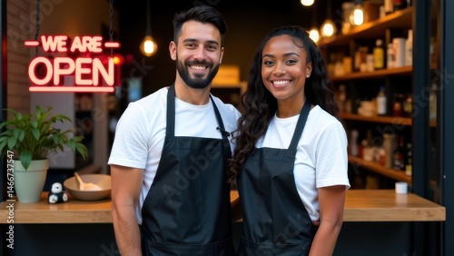 smiling multiracial cafe owners wearing aprons, standing in front of counter with open sign. small business theme. entrepreneurship and teamwork. restaurant branding, commercial use.