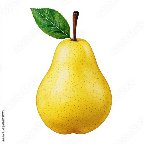 Close up of a ripe, yellow pear with a single green leaf on a white background. The pear is depicted with fine textural detail, showing slight speckles on its skin.
