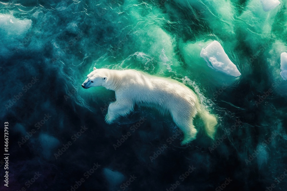 Fototapeta premium A majestic polar bear gracefully swims in teal arctic waters, surrounded by melting ice.