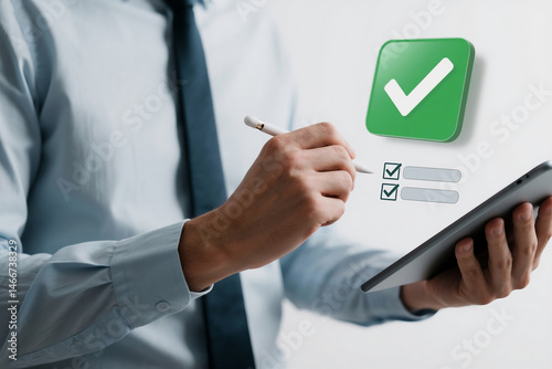 Businessman using tablet to complete tasks and verify information with digital check marks demonstrating successful work completion.