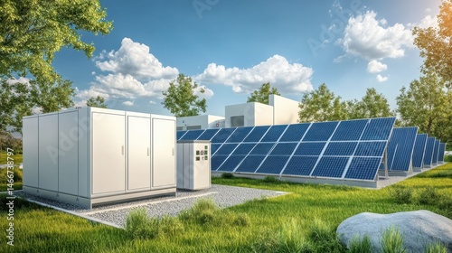 Modern industrial solar power installation with steel structures and inverters beneath large rows of photovoltaic panels
