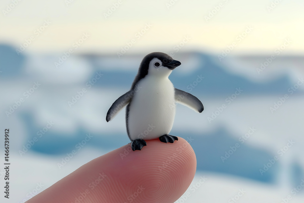 Fototapeta premium Charming hyperrealistic miniature penguin perched on a fingertip in an icy landscape during bright daylight