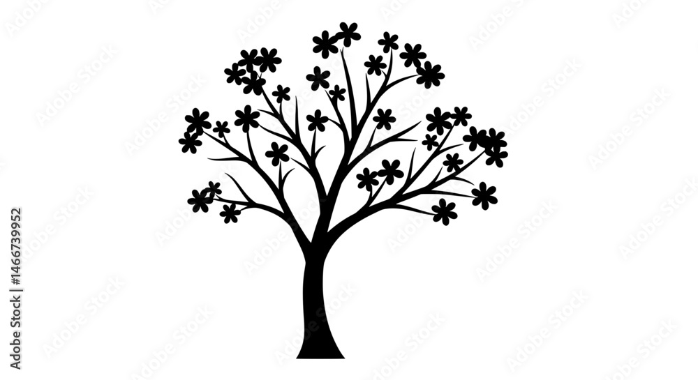 Obraz premium Silhouette Tree with Flower: A minimalist silhouette of a tree, blooming with delicate flowers, captures a sense of serene beauty and growth. 