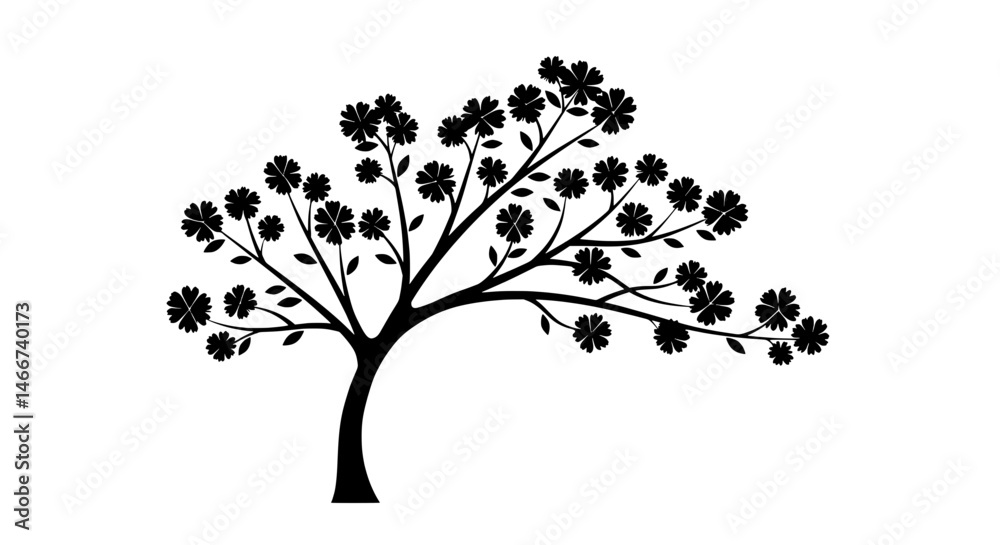 Obraz premium Artistic silhouette of flowering tree: A serene black and white artistic illustration, capturing the delicate beauty of a blooming tree, its branches adorned with elegant floral blossoms.