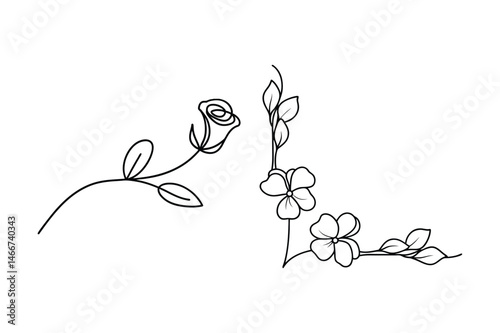 Elegant black and white line art floral corner designs featuring a rose and decorative flowers
