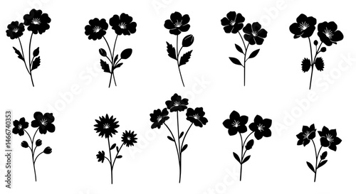 Floral Elegance in Monochrome: A collection of delicate floral silhouettes graces the scene, each petal and stem meticulously rendered in stark monochrome.