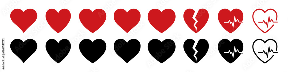 Set of heart icons in red and black, including full hearts, broken hearts, and heartbeat line designs. Suitable for love, romance, heartbreak, and medical themed visuals. Heart, heartbeat, icons. Set of heart icons in red and black, including full hearts, broken hearts, and heartbeat line designs. Suitable for love, romance, heartbreak, and medical themed visuals. Heart, heartbeat, icons.