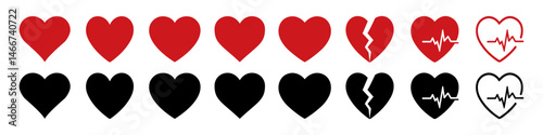 Set of heart icons in red and black, including full hearts, broken hearts, and heartbeat line designs. Suitable for love, romance, heartbreak, and medical themed visuals. Heart, heartbeat, icons.
