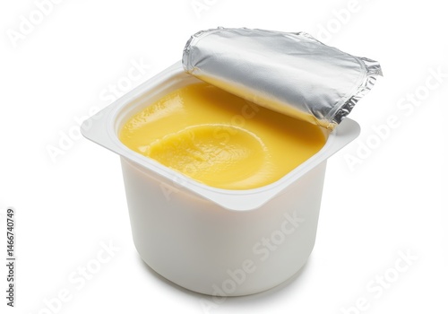 Open container of yellow pudding or yogurt with foil lid on white background