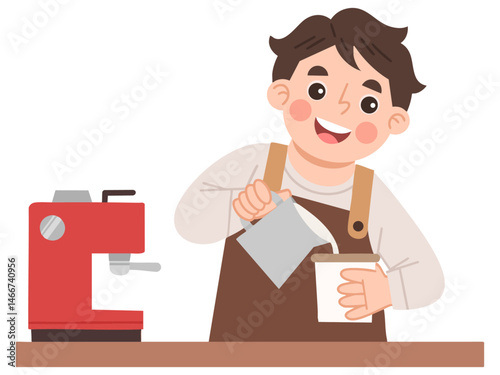 Illustration of Barista Preparing Coffee with Espresso Machine