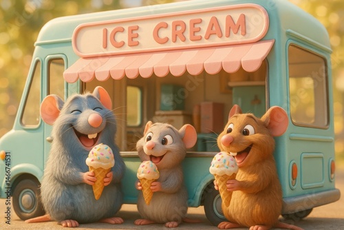 Whimsical scene of rats enjoying ice cream in front of a colorful ice cream truck