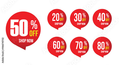 Different percent discount sticker discount price tag set. Discount Tags 20% 30% 40% 50% 60% 70%to 80% OFF Sale Labels for Promotions Marketing illustration isolated on white
