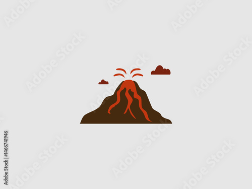 a stylized illustration of a volcano erupting with lava flowing down its brown slopes