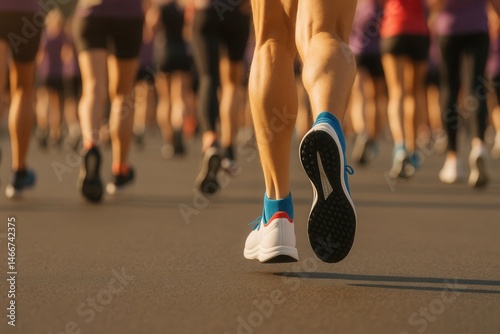 A group of runners participating in a race, showing close-up of athletic footwear in motion, promoting physical activity and fitness