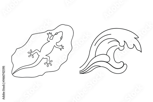 Black and white line art illustration of a gecko on a rock and a surfing wave