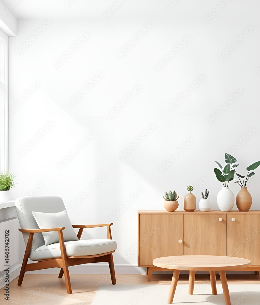 Fototapeta premium 3D rendering of a mockup white wall in a living room interior with an armchair and wooden table, plants on a sideboard against a window, Generative AI