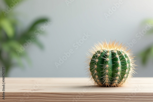 Round green cactus with sharp yellow spines on wooden table..Let me know if you need refinements!