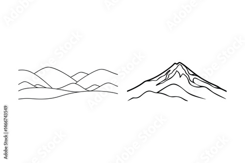 Minimalist outline vector illustration depicting landscapes with rolling hills and mountain peaks isolated