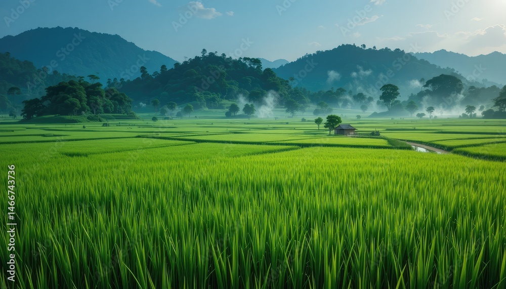 Obraz premium Serene Rice Paddies and Misty Mountains