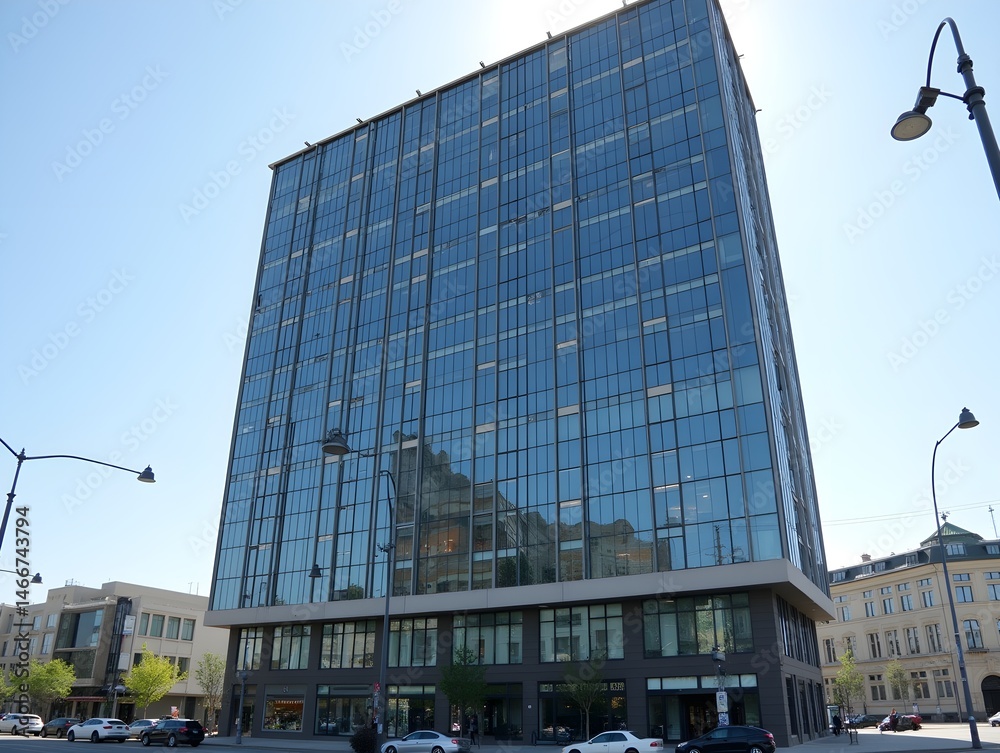 Obraz premium The building has a very modern and sleek design. The windows are large and the building is very tall