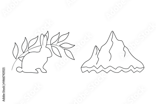 Simple line art depicting a rabbit with a branch and a mountain range on a white background