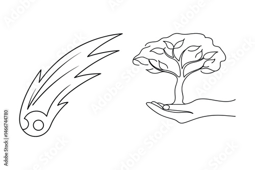 A black and white line drawing of a comet and a hand holding a tree representing environmental concepts.