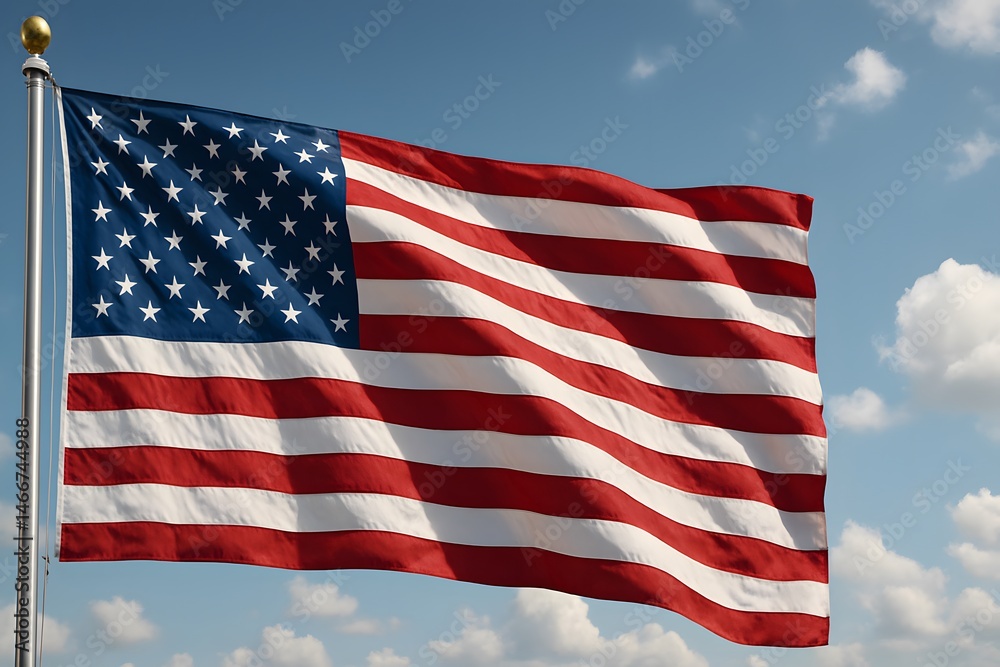 Fototapeta premium United States Flag Waving in the Wind with Clear Sky in the Background