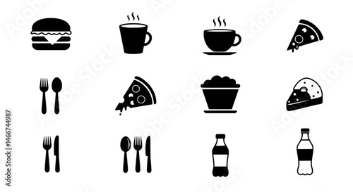 Delicious food icon set: A diverse array of monochrome icons representing classic food items, meticulously designed with simplicity and elegance, perfect for culinary projects and branding.