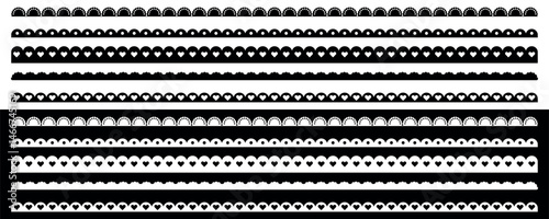 Scallop Border Patterns with Heart and Decorative Designs for Crafts and Graphic Design. Vector illustration isolated on black and white backgrounds.