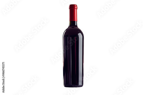 A vibrant red wine bottle stands tall against a stark white backdrop