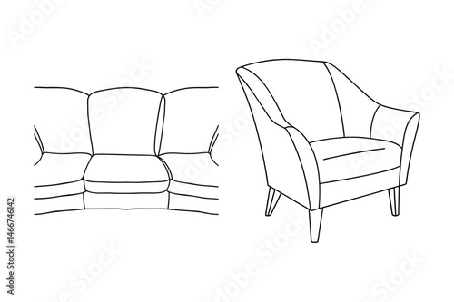 Line art illustration of a sofa and armchair isolated on a white background for interior design concepts