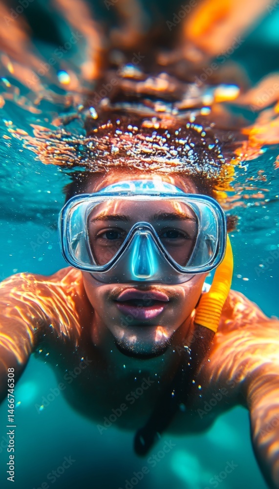 Fototapeta premium Young Woman Exploring Vibrant Coral Reefs, Snorkeling In Tropical Azure Water Paradise