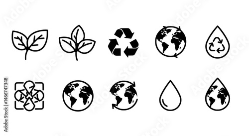 Eco-Friendly Icons: A collection of sleek and minimalist icons representing environmental awareness. Showcasing a range of eco-conscious concepts such as leaves, recycling, earth and water drop.