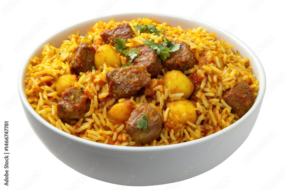 Aromatic beef biryani bowl golden rice tender meat and potatoes garnished with cilantro Comfort food delight Aromatic beef biryani bowl golden rice tender meat and potatoes garnished with cilantro Comfort food delight