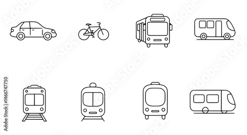 Transportation Icons: A set of minimalist line art icons showcasing various modes of transport, providing versatile visual elements for diverse design needs.