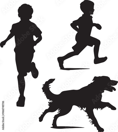 Silhouette Illustration of Children Running with Dog: Vector Art of Kids Playing Outdoors, Black and White Graphic for Design Projects