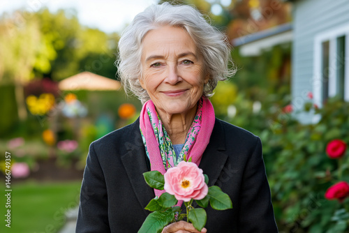 Elderly woman with gray hair, wearing a black coat and pink scarf, is smiling while holding a pink flower in a vibrant garden, showcasing beauty and joy in nature